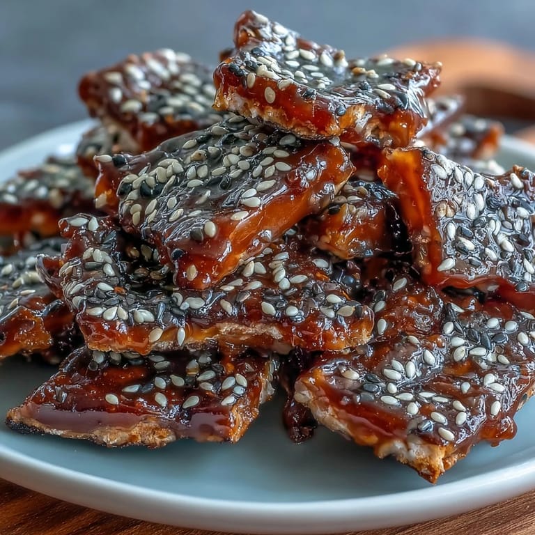 Close-up of golden sesame brittle shards with toasted black seeds.