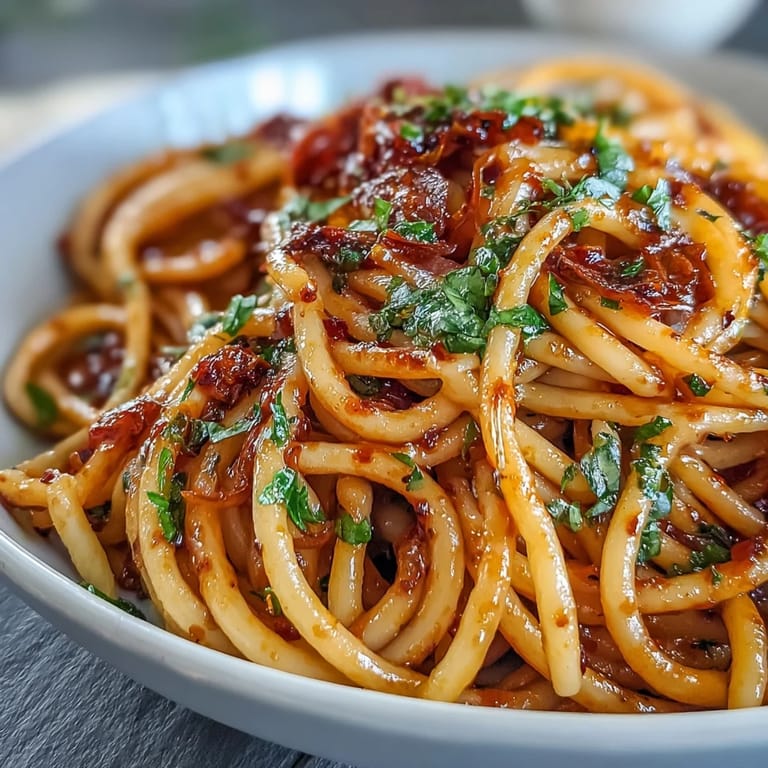 Vibrant bucatini pasta coated in fiery Calabrian chili oil, garnished with lemon zest and parsley for a zesty finish.