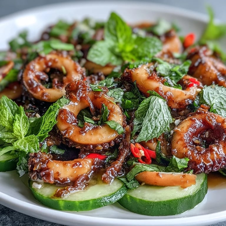 Vibrant squid salad featuring seared squid, mixed greens, and crunchy vegetables, all tossed in a spicy lime-chilli dressing with fried shallots.