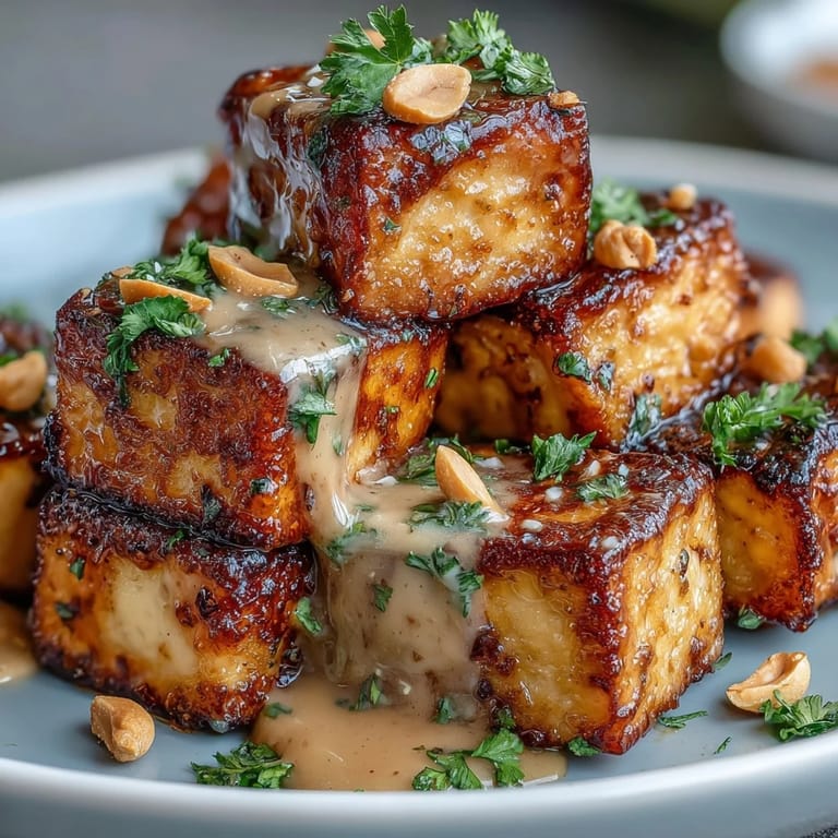 Crispy air-fried tofu bites drizzled with savory peanut sauce, garnished with chopped peanuts and scallions for added crunch.  