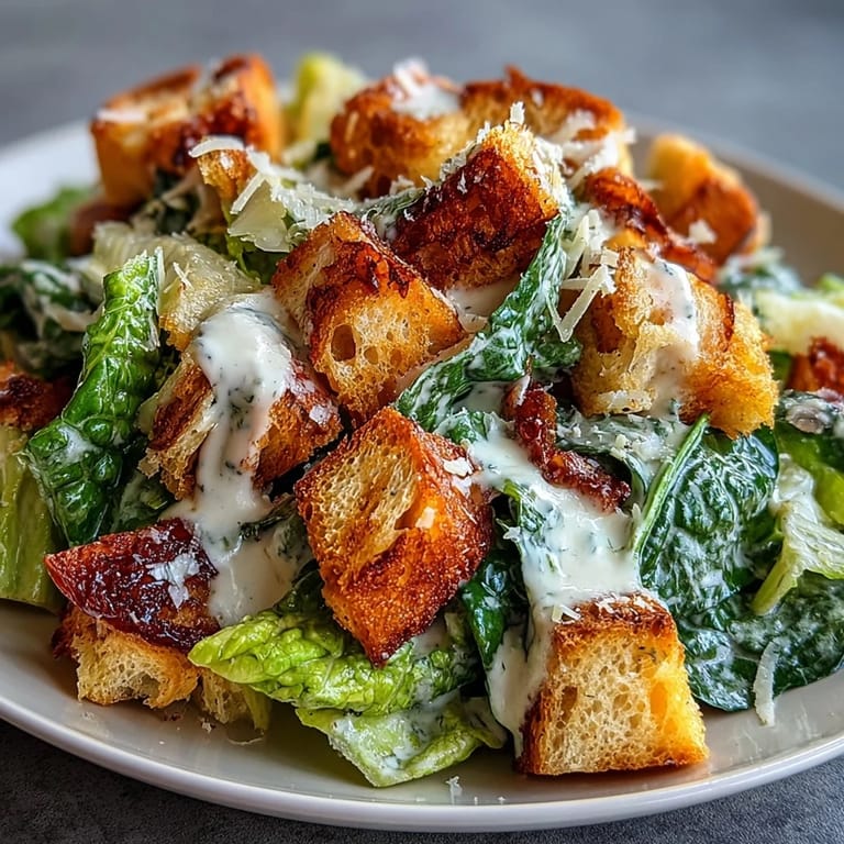 Creamy Caesar dressing coats fresh romaine, topped with golden, garlicky sourdough croutons for irresistible texture.  