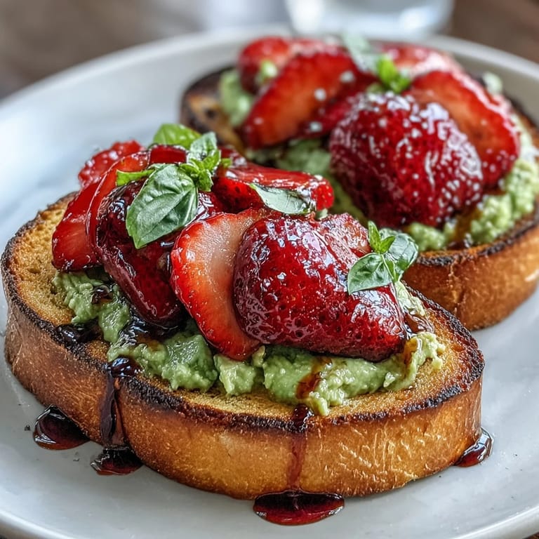 2. Delicious strawberry balsamic avocado toast featuring ripe avocado, juicy strawberries, and a sweet-tangy glaze, ideal for a cheerful brunch with friends.  