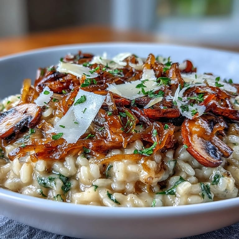 Savory mushroom and sweet onion risotto, creamy and al dente, topped with Parmesan and herbs for an elegant vegetarian dish.