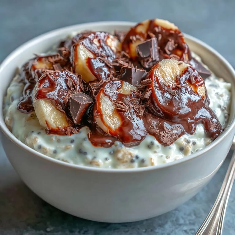 Creamy overnight oats with banana and dark chocolate, garnished with nuts, served in a rustic bowl for a satisfying morning meal.