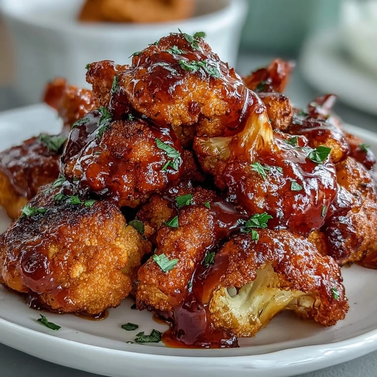 Spicy and crunchy cauliflower florets coated in rich Buffalo sauce, ideal for a healthy game day snack.
