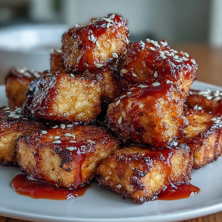 Spicy-sweet tofu nuggets air fried to crispy perfection, served with a tangy chili sauce and fresh herb garnish.