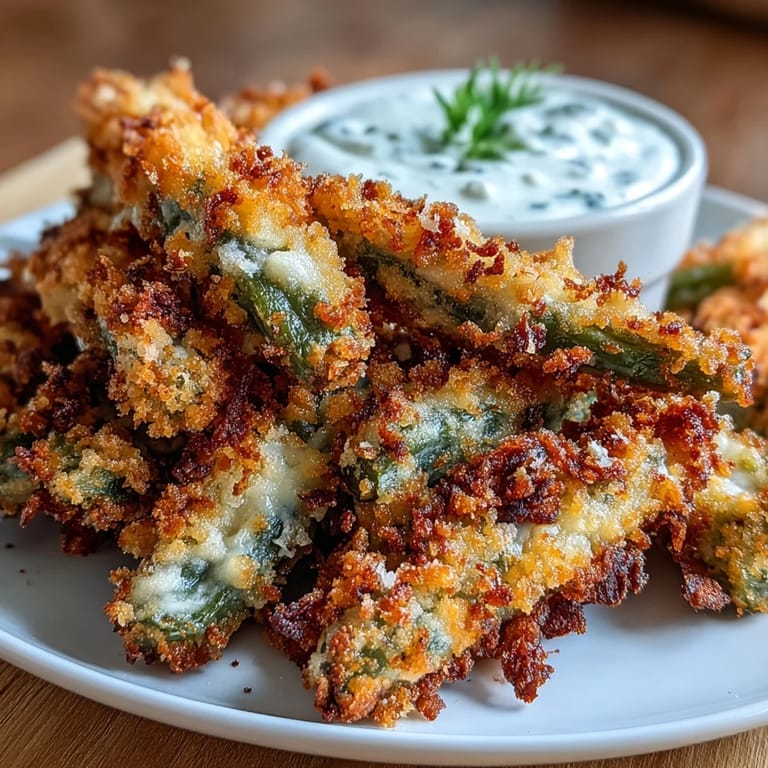 Lightly seasoned green bean fries cooked to perfection in the air fryer, served with tangy homemade ranch dip.  