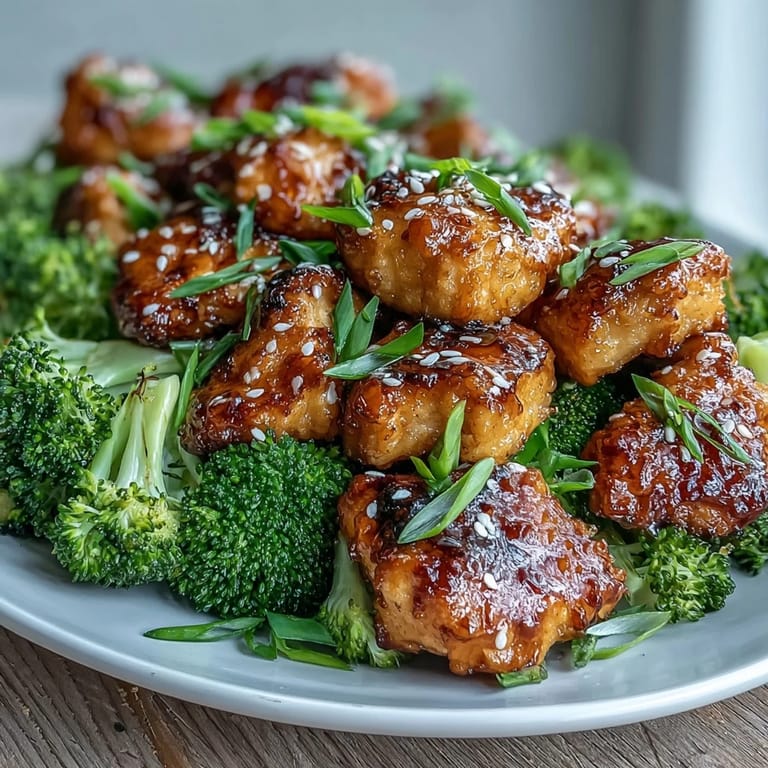 Juicy chicken pieces coated in sweet honey garlic sauce, paired with crisp broccoli florets for a quick and flavorful meal.