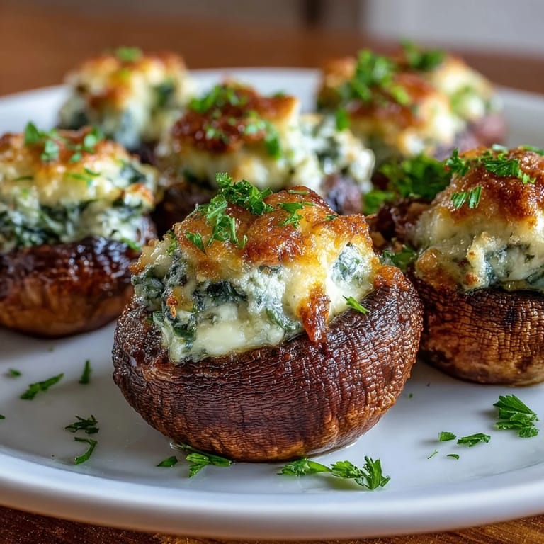 Creamy spinach and cheese stuffed mushrooms air fried until tender, garnished with fresh parsley for an elegant touch.  