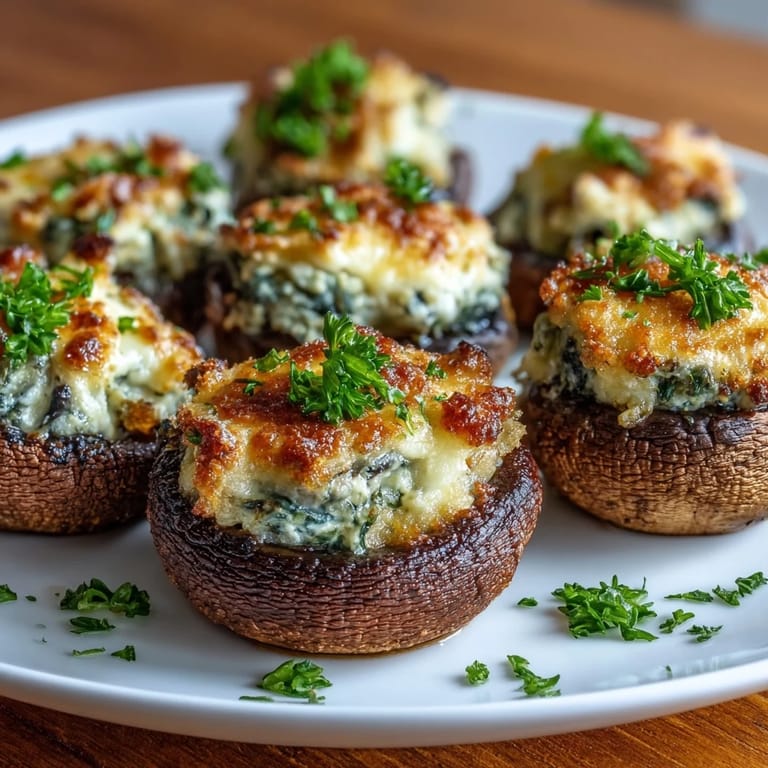Savory air fryer mushrooms filled with rich cream cheese and spinach, offering a delightful vegetarian appetizer option.