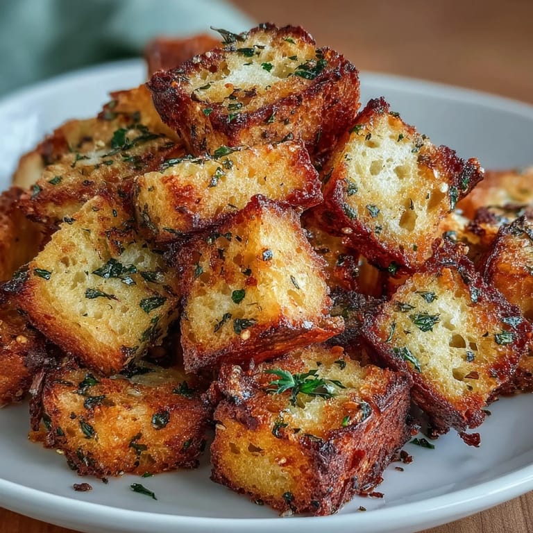 Air fryer sourdough croutons tossed with garlic, olive oil, and Italian herbs for a crunchy bite.  