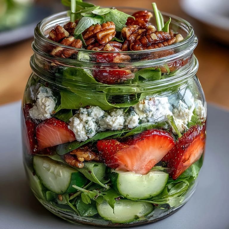 Fresh layered salad jars filled with juicy strawberries, creamy goat cheese, crunchy pecans, and crisp greens—perfect for outdoor dining.