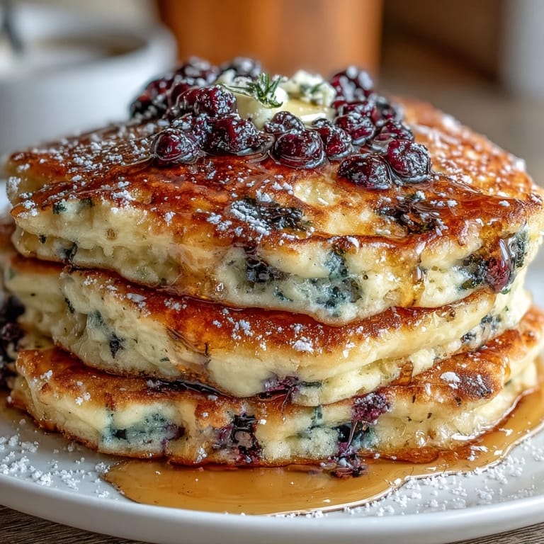 Stack of warm sourdough lemon blueberry pancakes, drizzled with maple syrup for a delightful brunch.