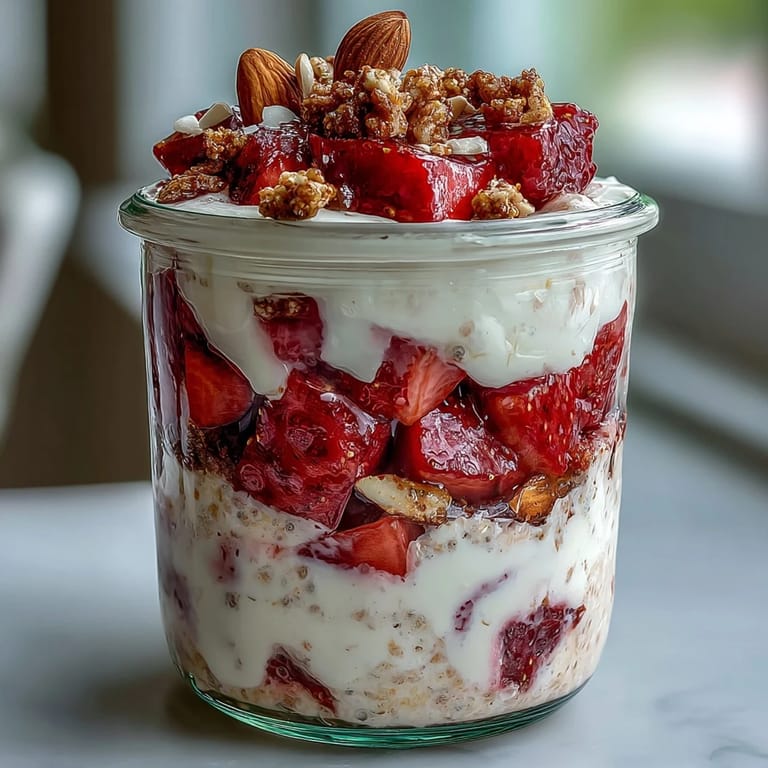 Layered strawberry shortcake overnight oats with vanilla yogurt and juicy berries, perfect for a refreshing, healthy morning treat.