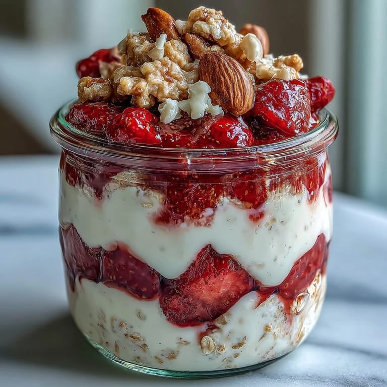 Strawberry shortcake-inspired overnight oats featuring sweet strawberries, creamy vanilla yogurt, and crunchy granola for a satisfying vegetarian breakfast.