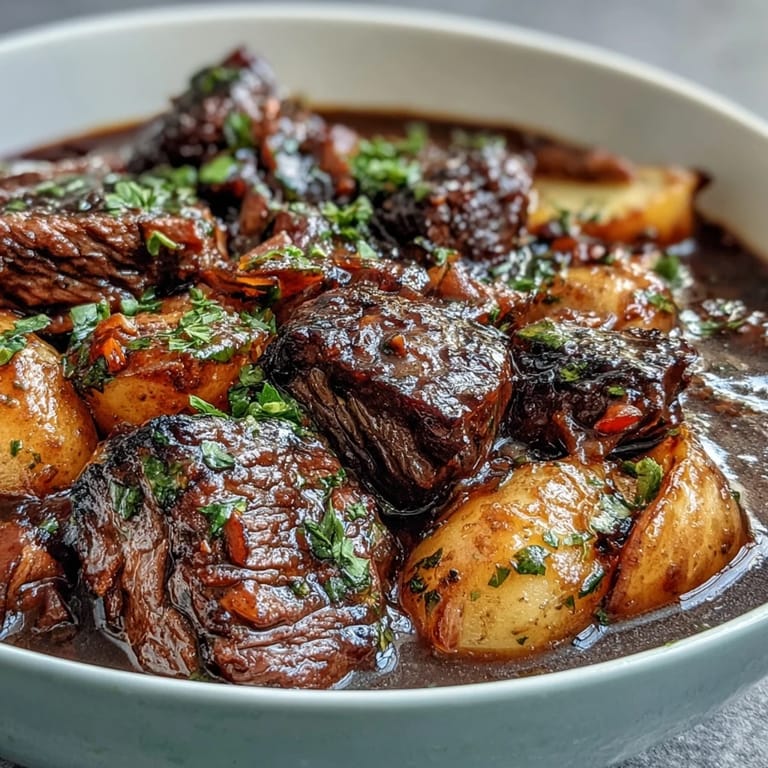 Close-up of hearty beef stew with carrots, parsnips, and potatoes simmering in savory gravy.  