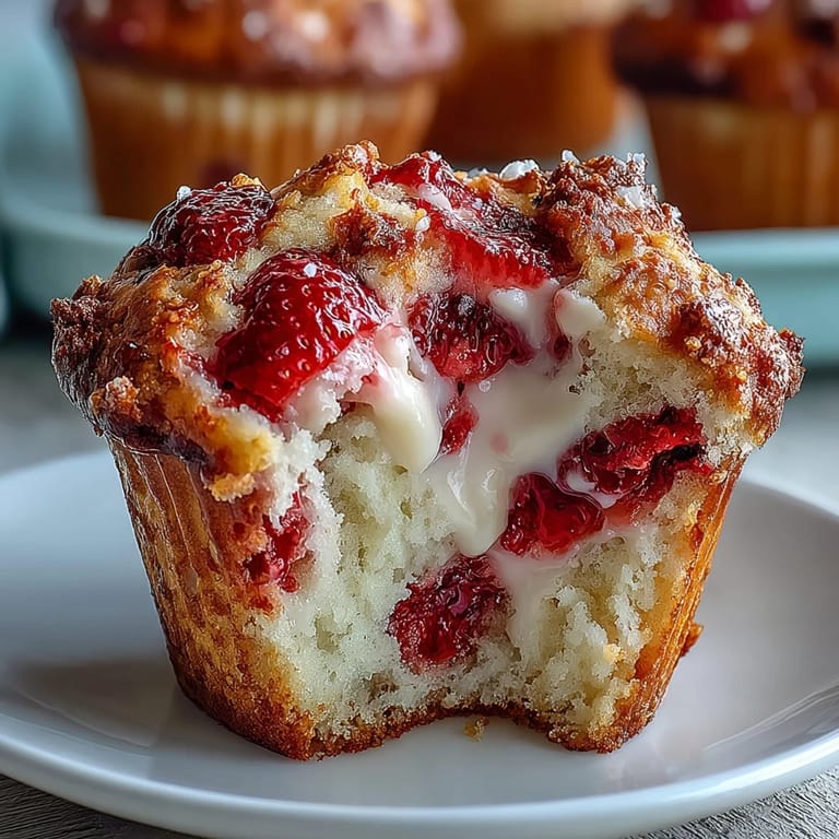 Fluffy strawberry muffins bursting with fruit and yogurt, topped with a sprinkle of coarse sugar for crunch.