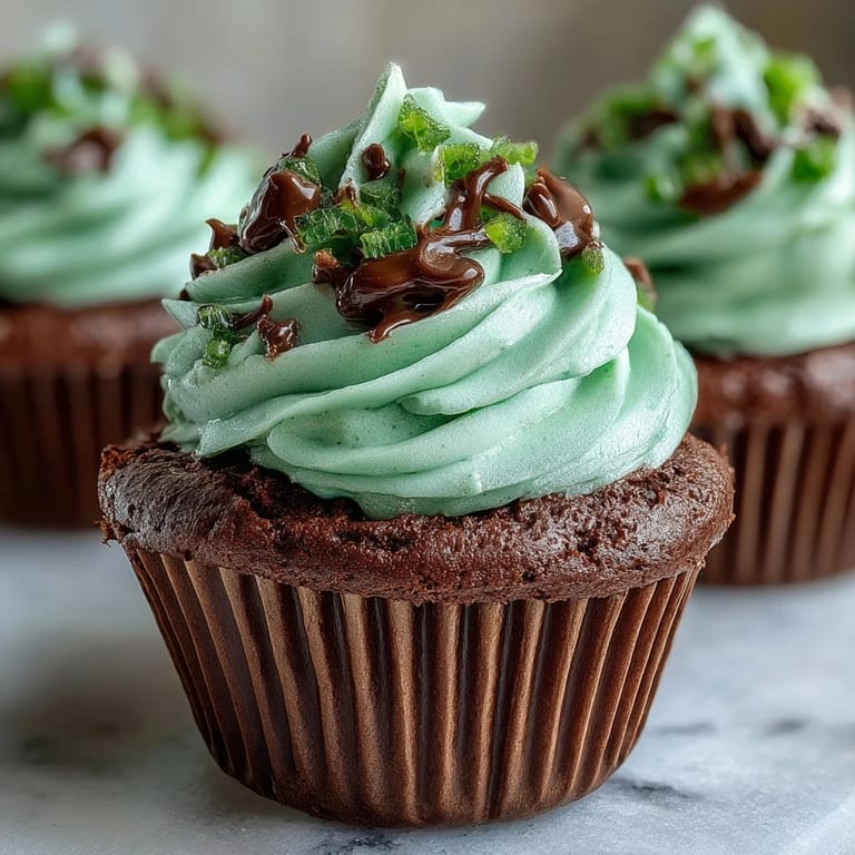 Soft, moist green velvet cupcakes topped with rich cream cheese frosting, garnished with edible shamrock candies for a lucky treat.