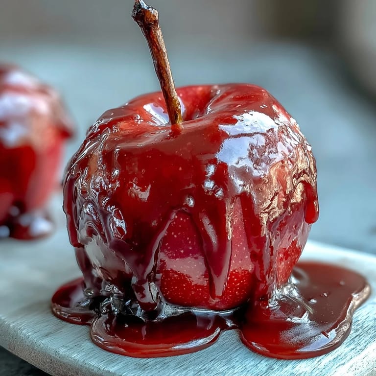 Classic red candy apples on a rustic wooden tray, their shiny shell reflecting light and tempting with sweet nostalgia.