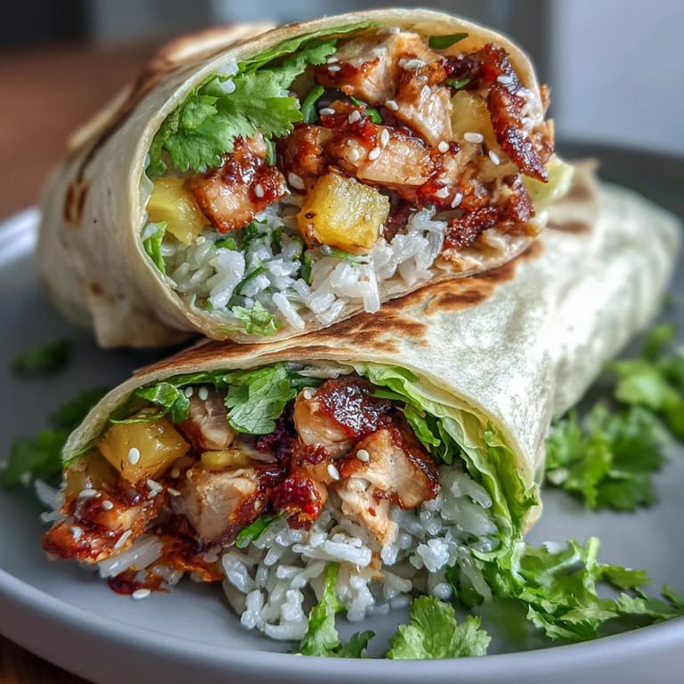 Tropical pineapple chicken and rice lettuce wraps featuring tender chicken, fluffy rice, and fresh pineapple wrapped in crunchy lettuce for a light meal.