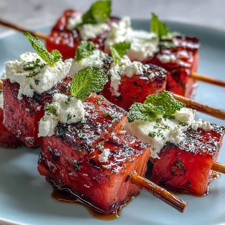 Juicy watermelon cubes paired with creamy feta and fragrant mint leaves on skewers, finished with a balsamic drizzle.