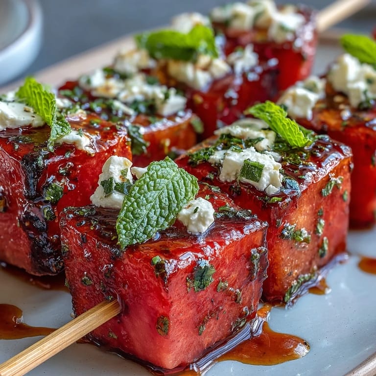 Colorful watermelon feta mint skewers, a refreshing and easy vegetarian snack perfect for parties or picnics.