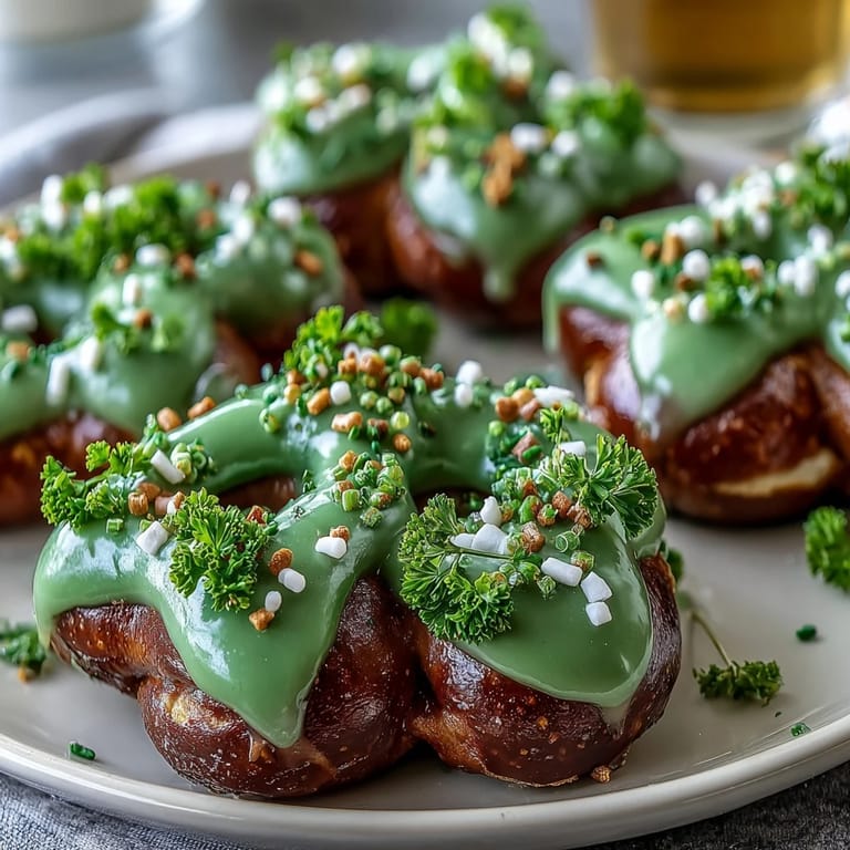 Crunchy pretzel shamrock shapes dipped in smooth green candy coating and decorated with festive sprinkles for St. Patrick's Day.