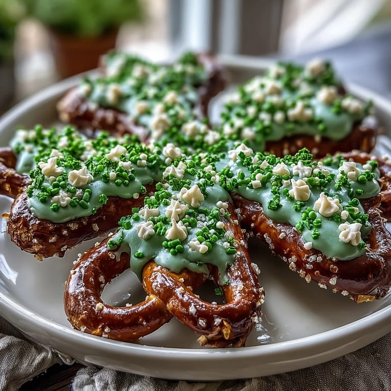 Sweet and salty St. Patrick's Day pretzel bites shaped like shamrocks, covered in green candy coating and colorful sprinkles.