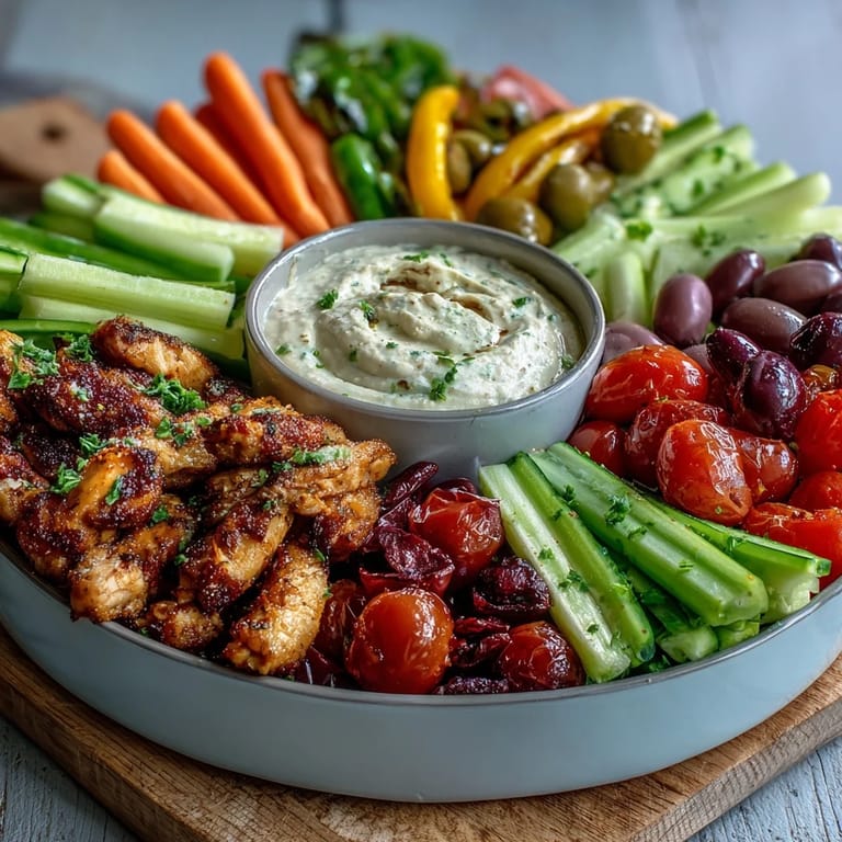 Kid-friendly Chicken Run Veggie Tray with Ranch Hummus Dip: Fresh carrot sticks, cucumber, and bell peppers paired with smooth, herb-infused hummus perfect for snacking.