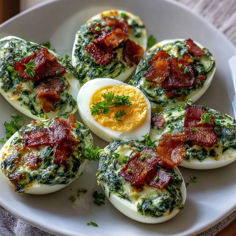 Spinach and ham deviled eggs: bright green herb and spinach yolk filling, piped into tender egg whites and finished with crunchy prosciutto bits.