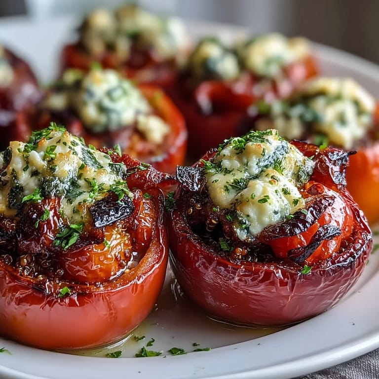 Baked bell peppers stuffed with herbed quinoa, zucchini, and tomatoes, offering a nourishing vegetarian dinner packed with flavor.
