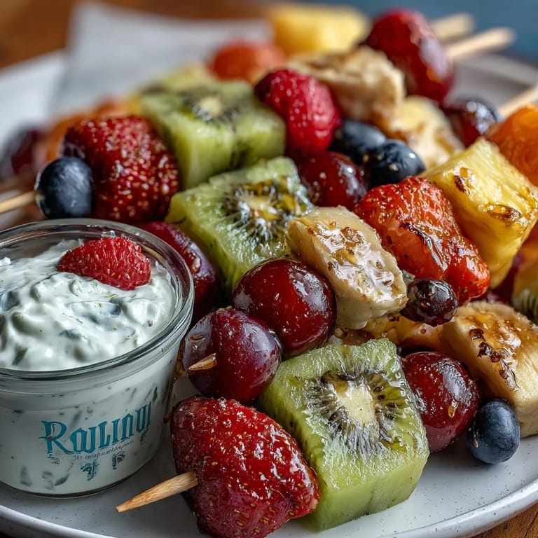 Vibrant fruit skewers and mini sandwiches arranged in a bento box with yogurt dip, cherry tomatoes, and carrot sticks for a balanced kid-friendly meal.