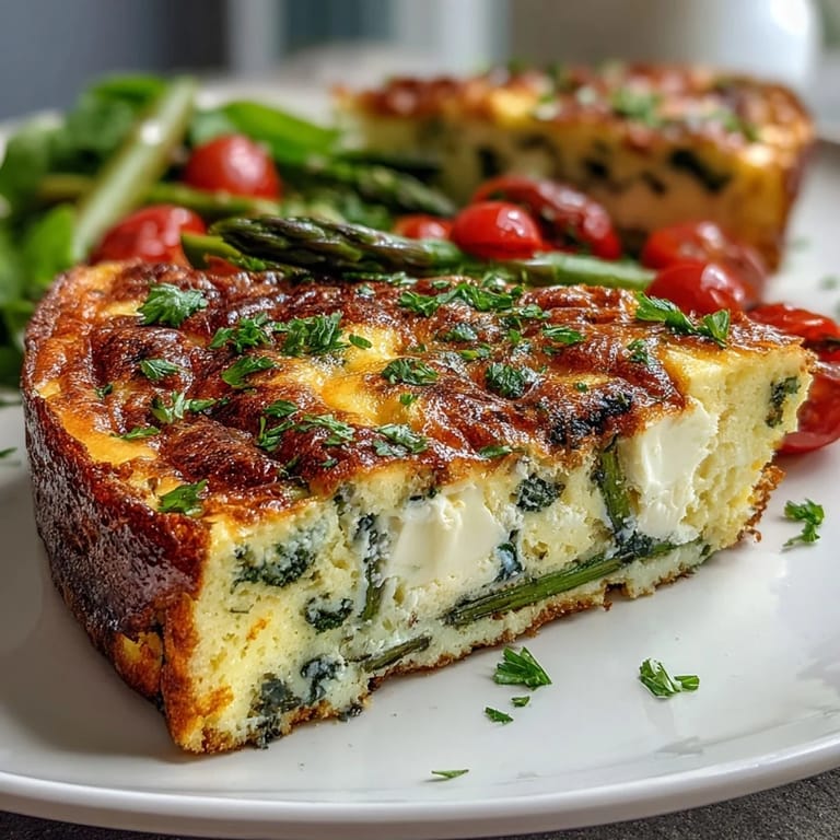 Fluffy spring vegetable frittata topped with goat cheese and herbs, baked until golden and perfect for a hearty brunch or light dinner.