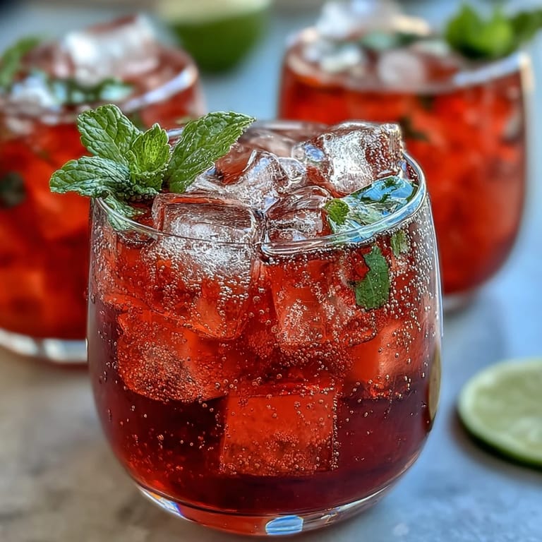 Cool summer watermelon mint vodka spritz mocktail garnished with fresh mint, lime slices, and bright fruit wedges.
