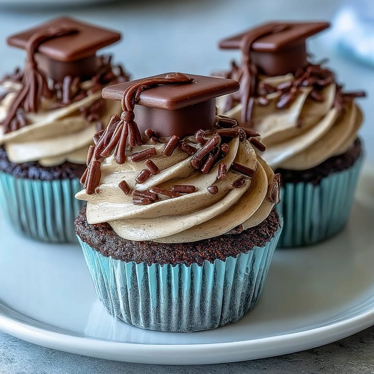 Celebrate graduation with these adorable vanilla cupcakes decorated with chocolate graduation caps and colorful tassels, ideal for parties and special milestones.