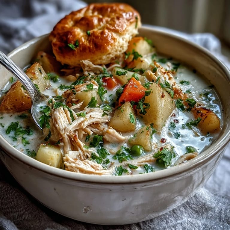 Creamy chicken pot pie soup with hearty potatoes, carrots, and peas in a slow cooker.