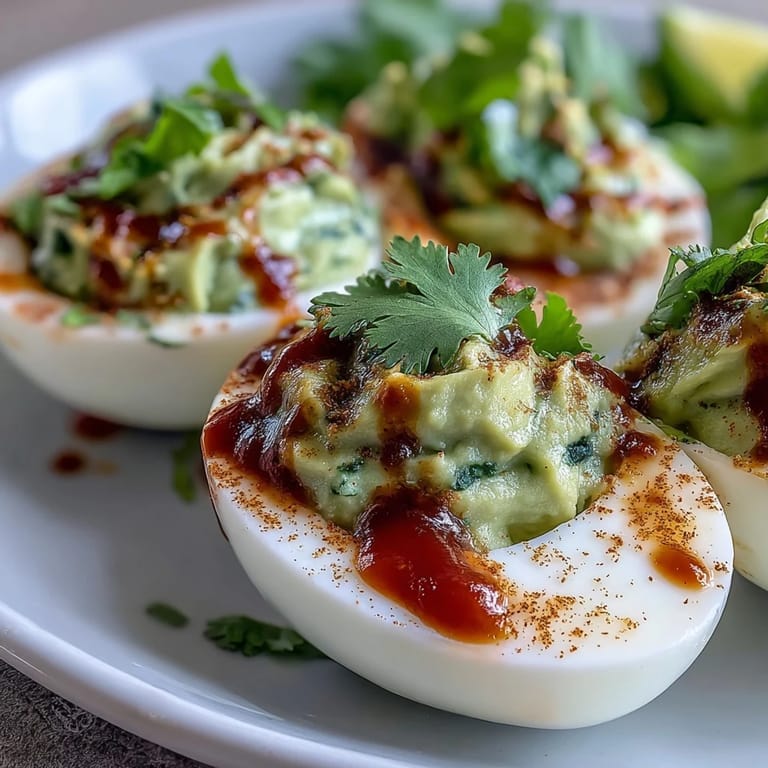 Vibrant deviled eggs with avocado filling and zesty Sriracha kick, ideal for easy gluten-free snacks.  