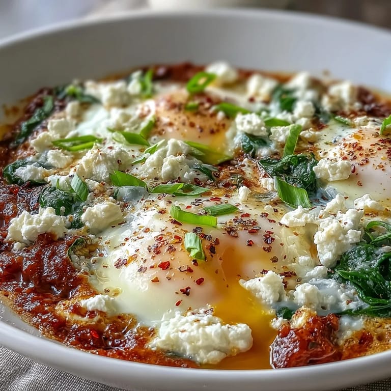 Delicious Spinach and Feta Shakshuka, topped with crumbled feta, ready to serve.