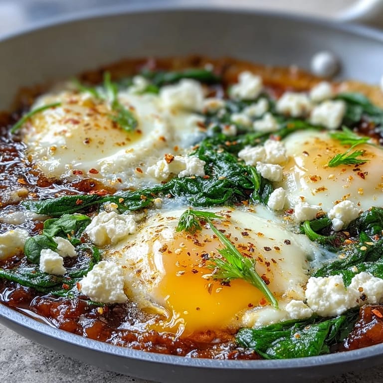 Flavorful Spinach and Feta Shakshuka with perfectly set eggs and wilted greens.