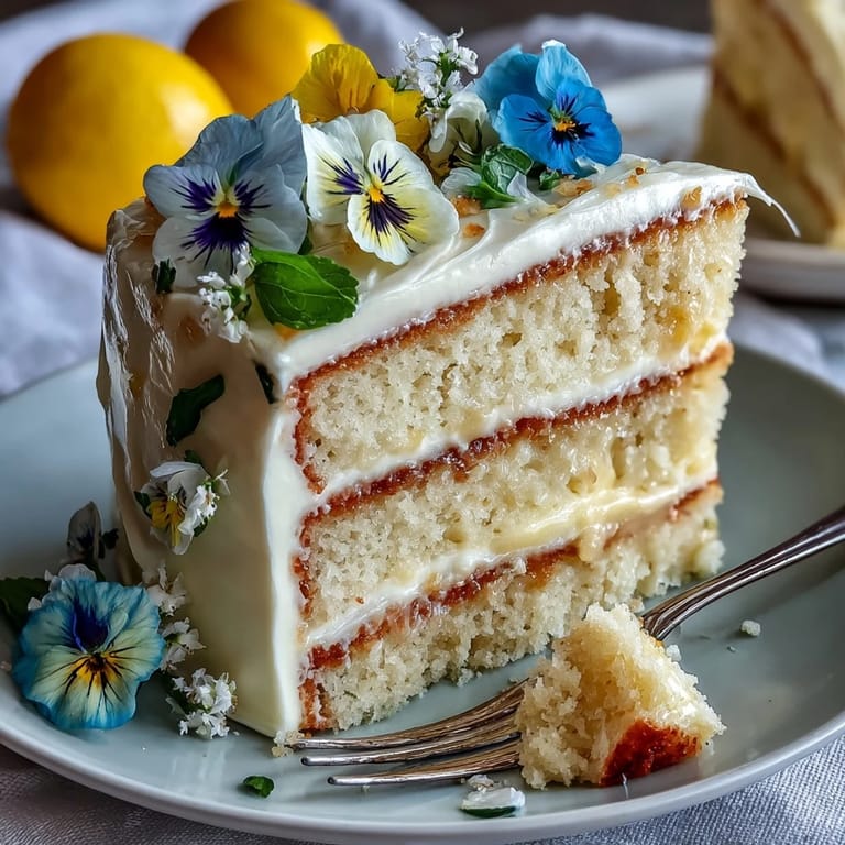 Delicate lemon curd cake, lovingly frosted and topped with sweet blossoms.