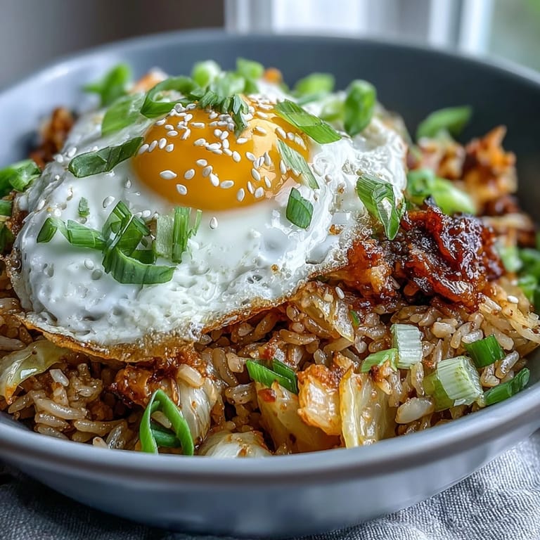 Spicy, easy kimchi cabbage fried rice ready for a quick weeknight dinner.