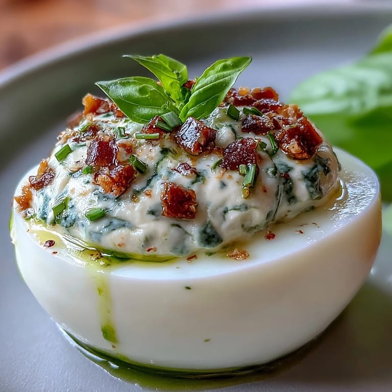 Vibrant Caprese Deviled Eggs with Basil Oil and Tomato, garnished with diced mozzarella and basil for a fresh, Italian twist.