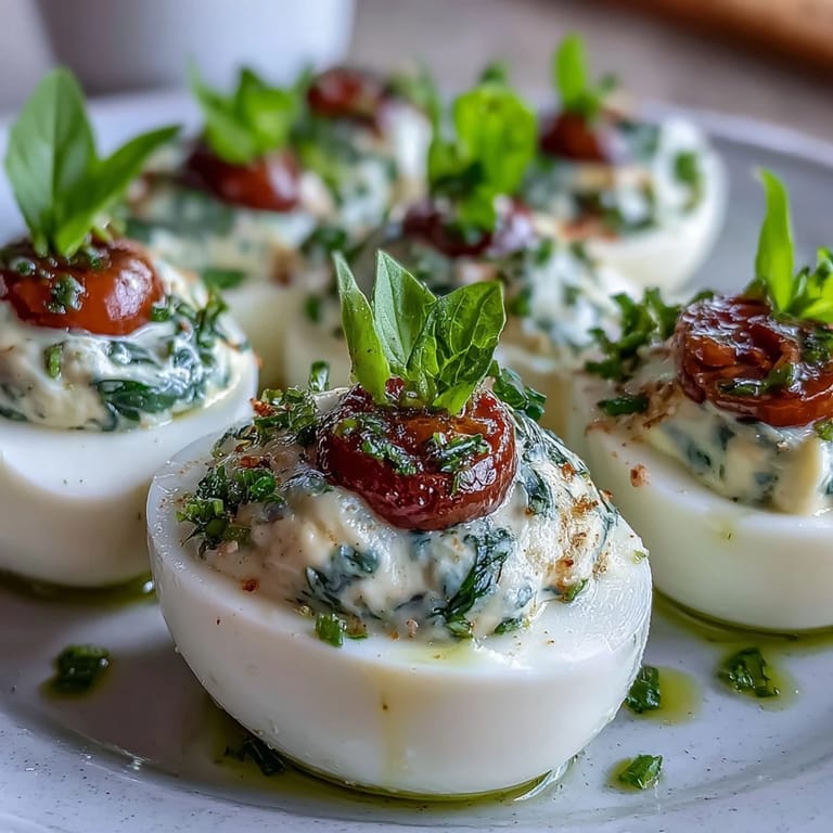 Italian-inspired Caprese Deviled Eggs with Basil Oil and Tomato, drizzled with homemade basil oil and sprinkled with fresh basil leaves.