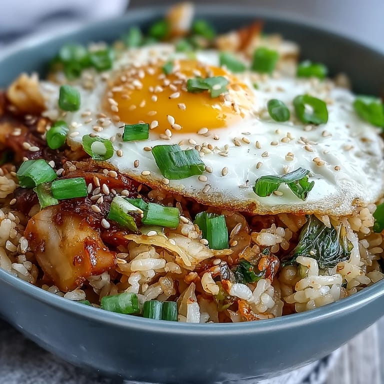 Delicious kimchi cabbage fried rice with sesame seeds and fresh green onions.