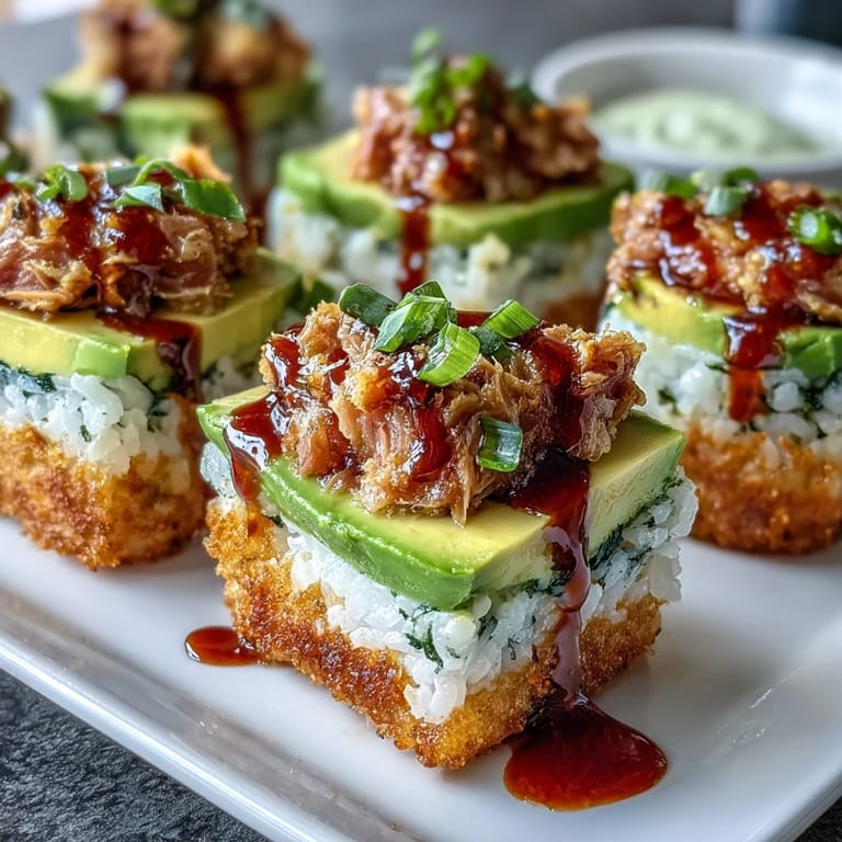 Viral appetizer: spicy tuna crispy rice bites glistening with spicy mayo drizzle.