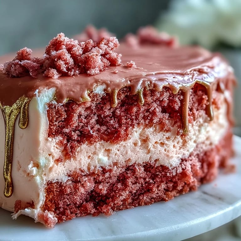 Decadent Bridal Shower Rosé Velvet Cake, perfect for celebrations, artfully drizzled with gold.