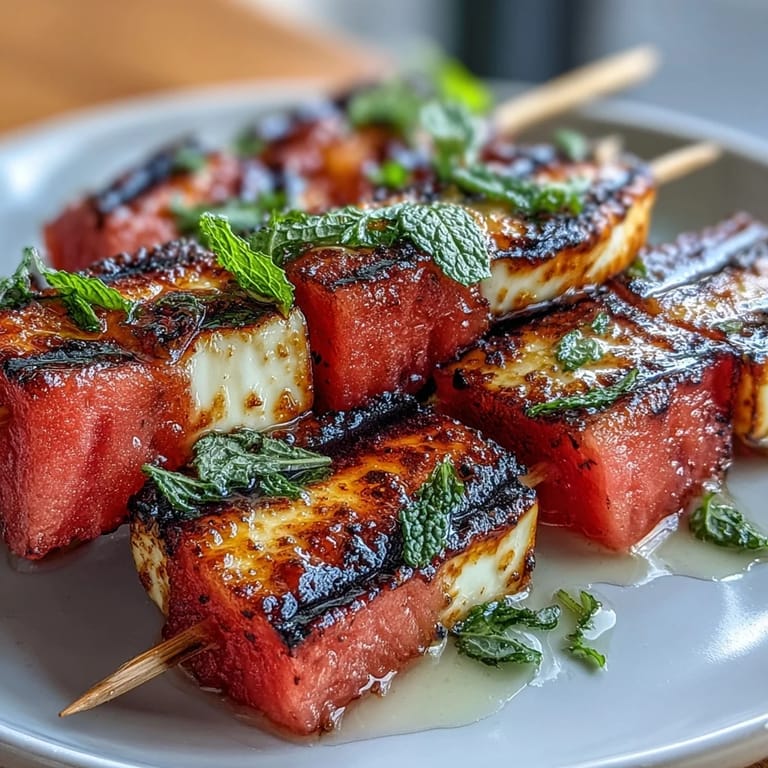 Summery grilled halloumi and watermelon skewers, a perfect sweet and salty appetizer.