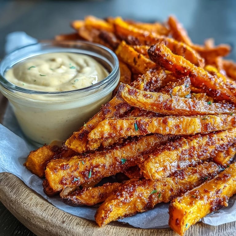 Delicious air fryer sweet potato fries piled high, perfect with smoky aioli.
