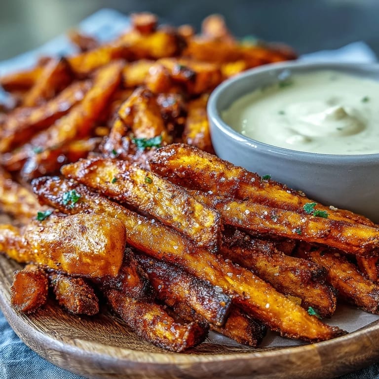 Crispy, seasoned air fryer sweet potato fries ready to be dipped in chipotle aioli.