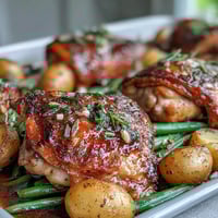 A vibrant sheet pan dinner with honey garlic glazed chicken thighs, roasted baby potatoes, and crisp green beans for a complete meal.  